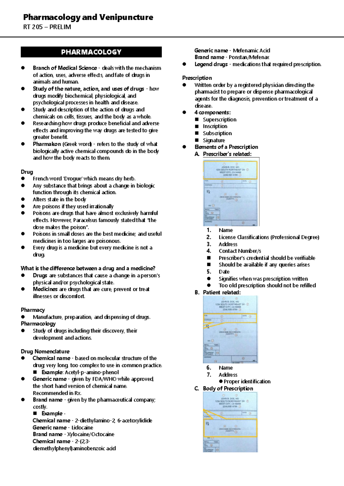 Pharmacology and Venipuncture RT 205 PRELIM STUDY GUIDE - Document Preview