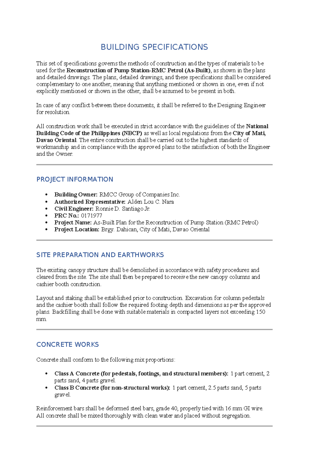 RMC Petrol Reconstruction Building Specifications - Studocu