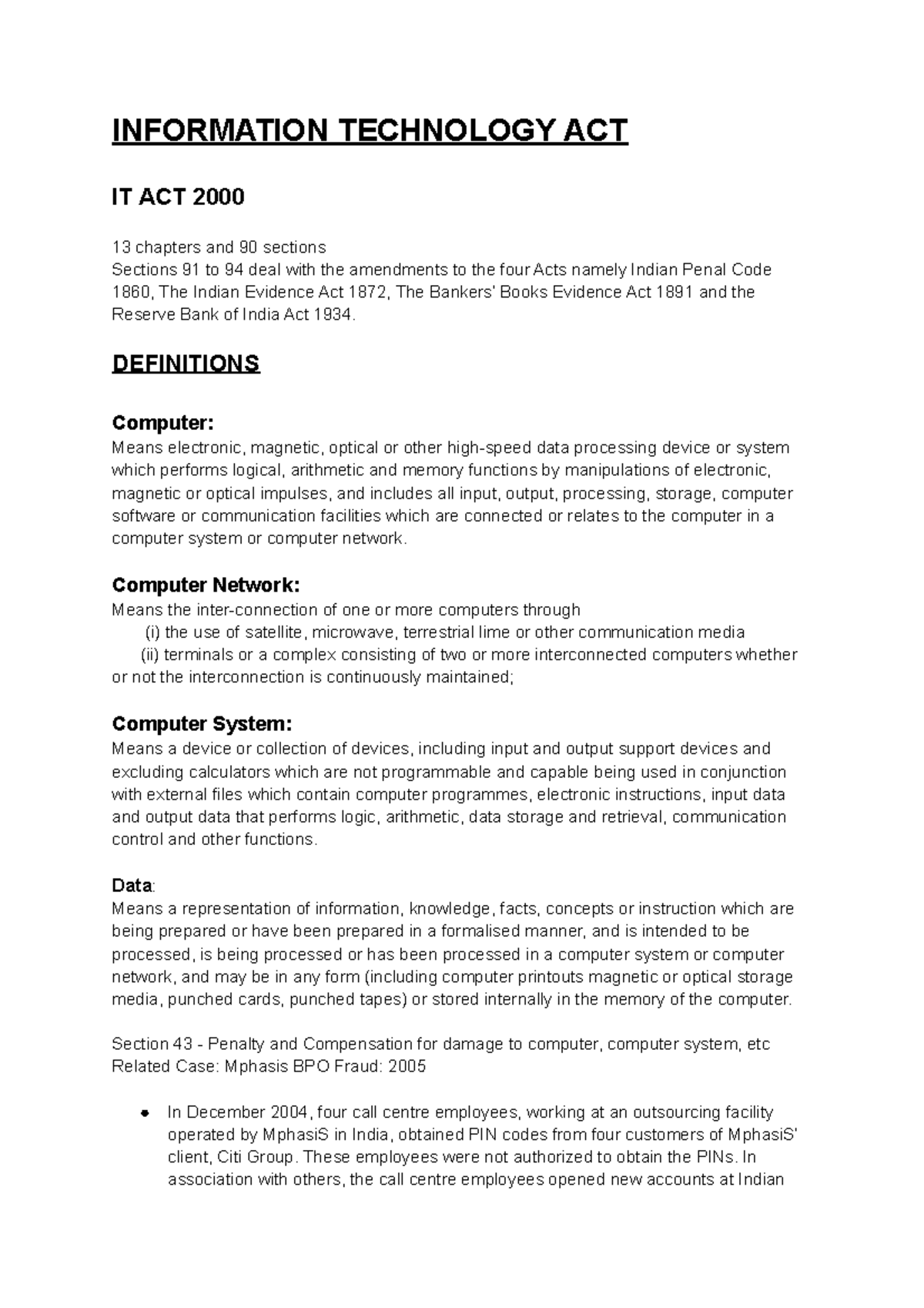 Information Technology Act (IT Act 2000) Overview and Case Studies - Studocu