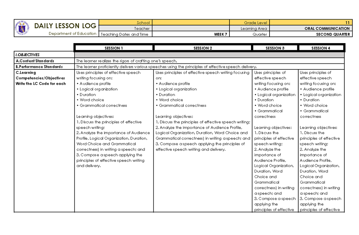 OC Q2 W7 - Daily Lesson Log for Oral Communication - Studocu