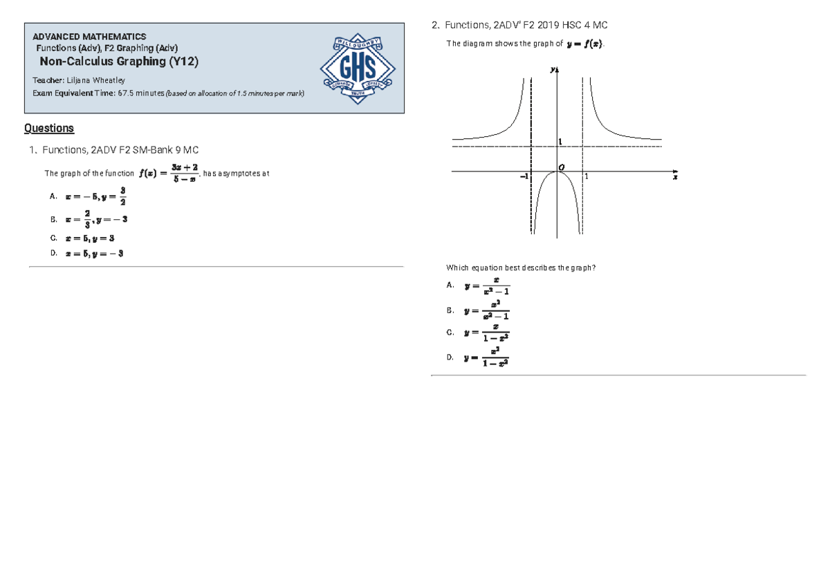 Year 12 Functions Graphing Notes, F2 2019 HSC 4 MC - Studocu