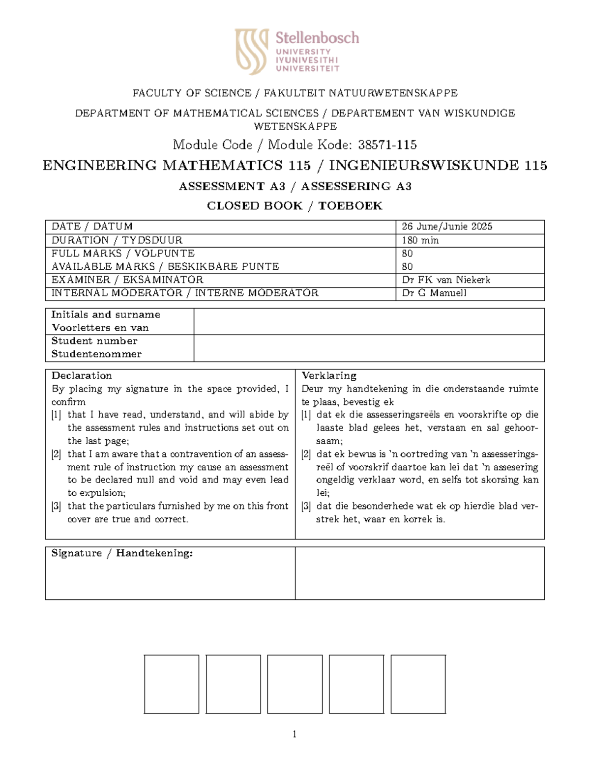 Eng Math 115 Assessment A3 - Closed Book Exam 2025 - Studocu