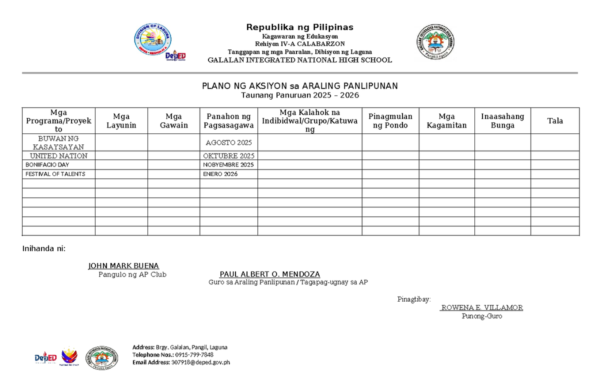 AP Action Plan for Araling Panlipunan 2025-2026 - Studocu