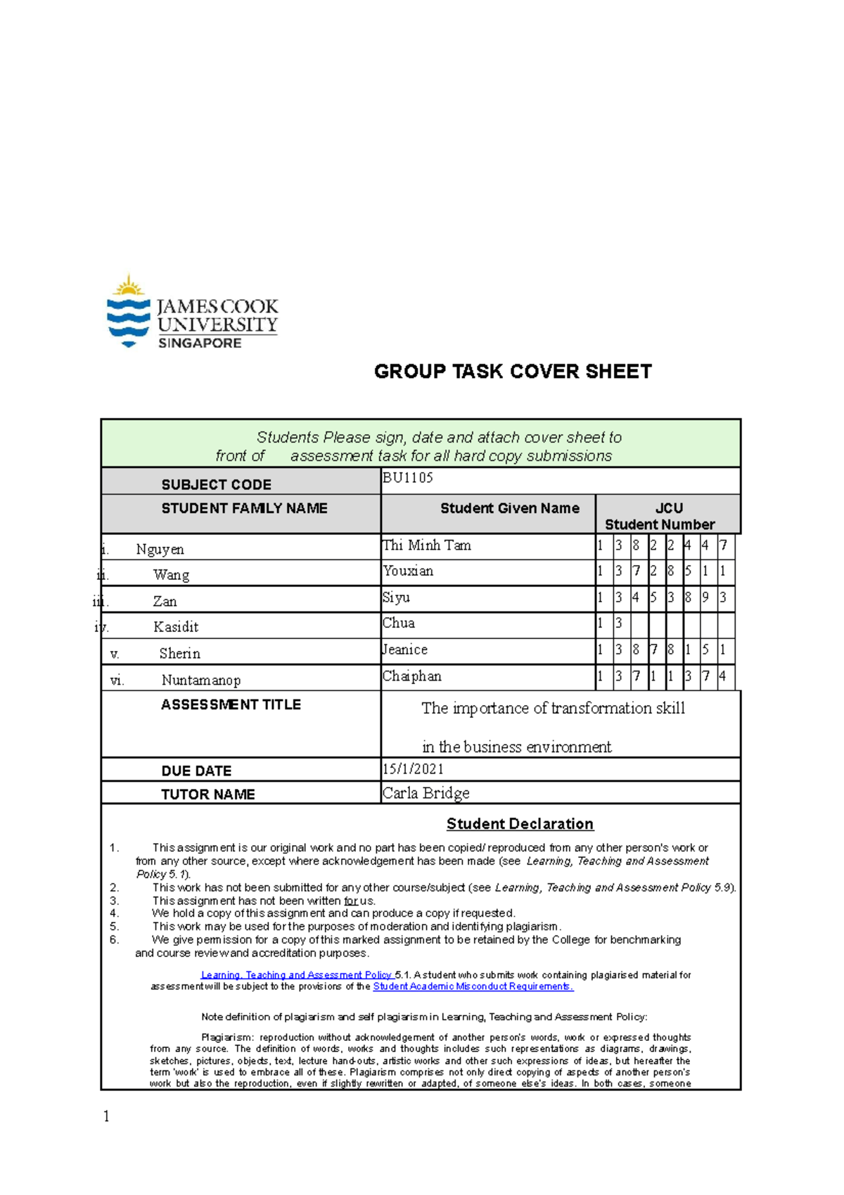 BU1105 1805 Tut B Grp12 - assessment - GROUP TASK COVER SHEET Students ...