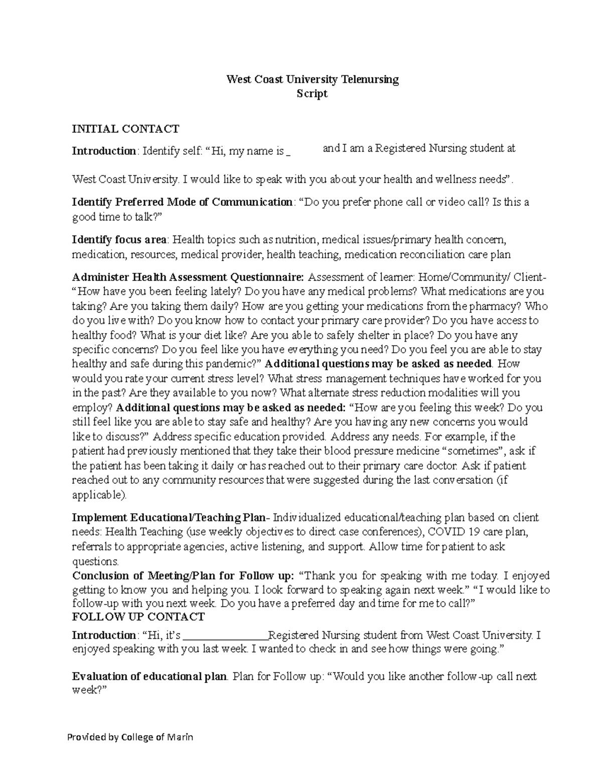 WCU Telenursing Script and Documentation - West Coast University ...