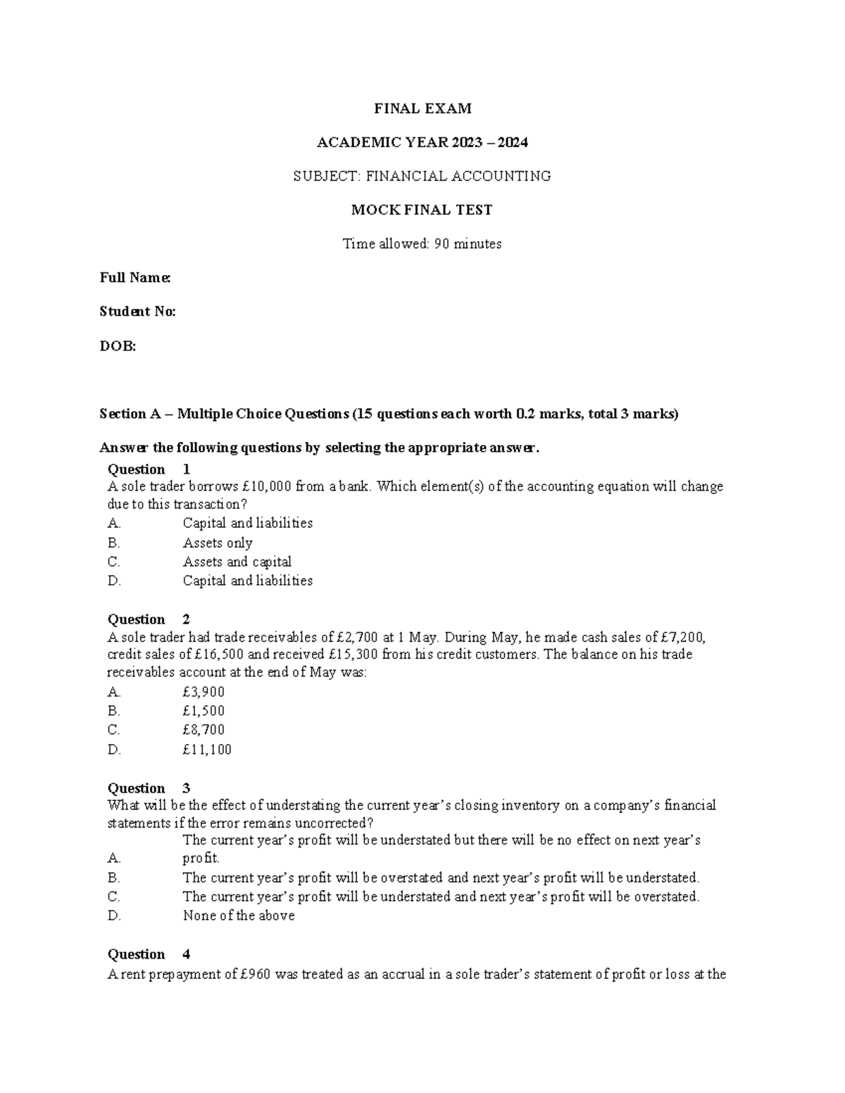 Test Template - Mock Final Test - FINAL EXAM ACADEMIC YEAR 2023 – 2024 ...