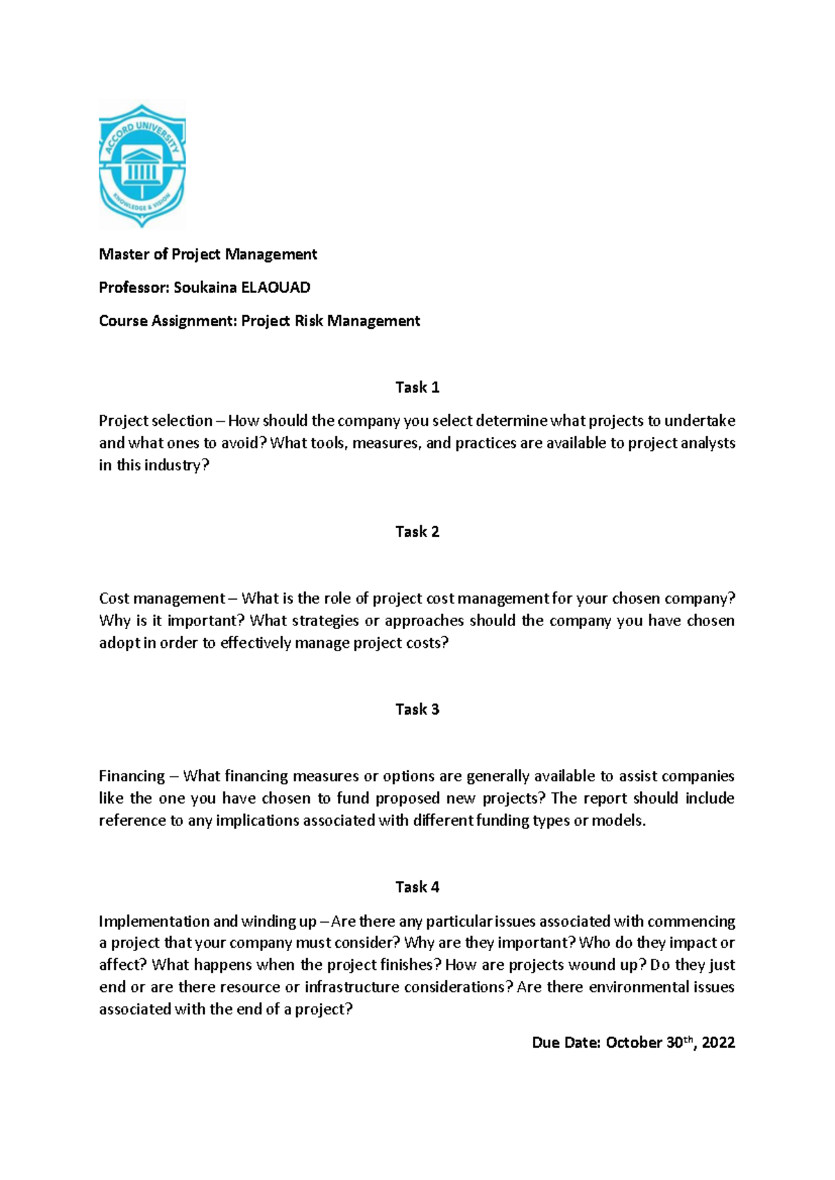 Course Assignment - Project Risk Management - Master of Project ...
