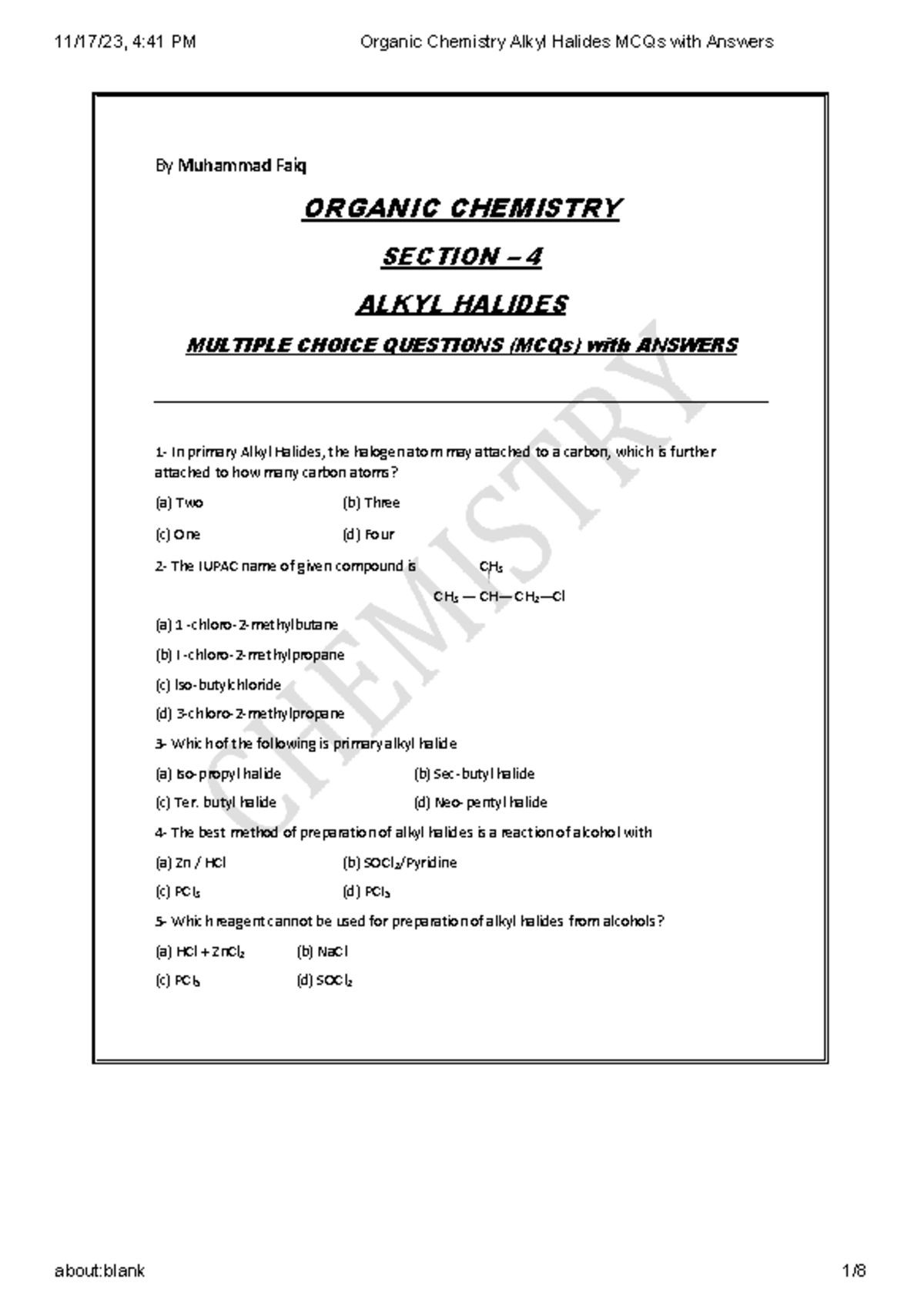 Organic Chemistry Alkyl Halides MCQs with Answers - By Muhammad Faiq ...