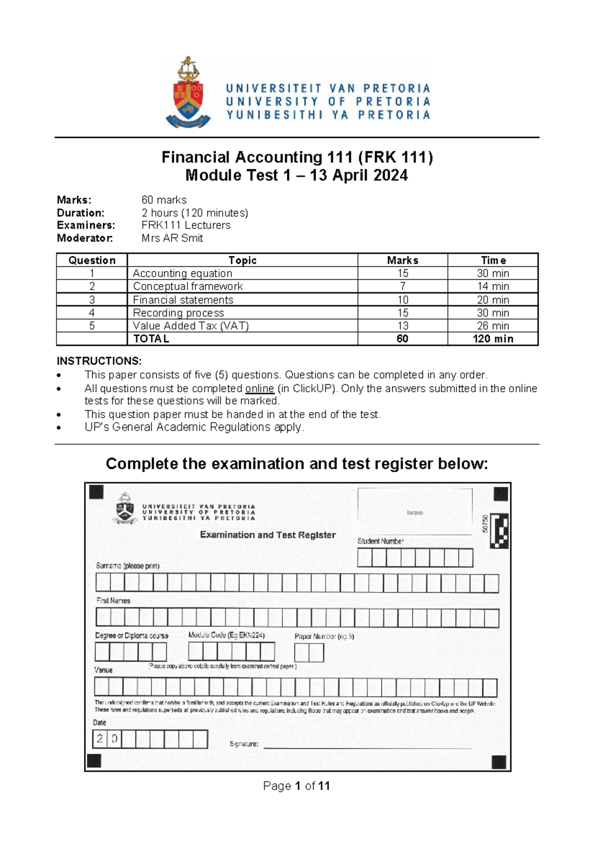FRK111 2024 - Module Test 1 Question Paper Overview and Requirements ...