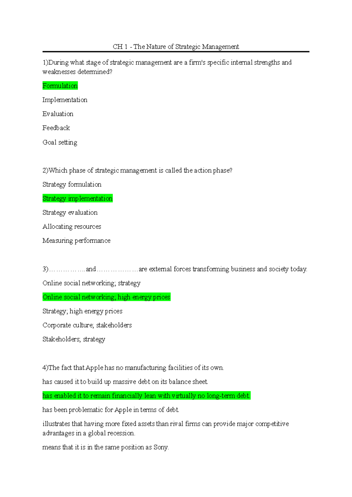 CH 1 - Strategic Management MCQs and Key Concepts - Studocu