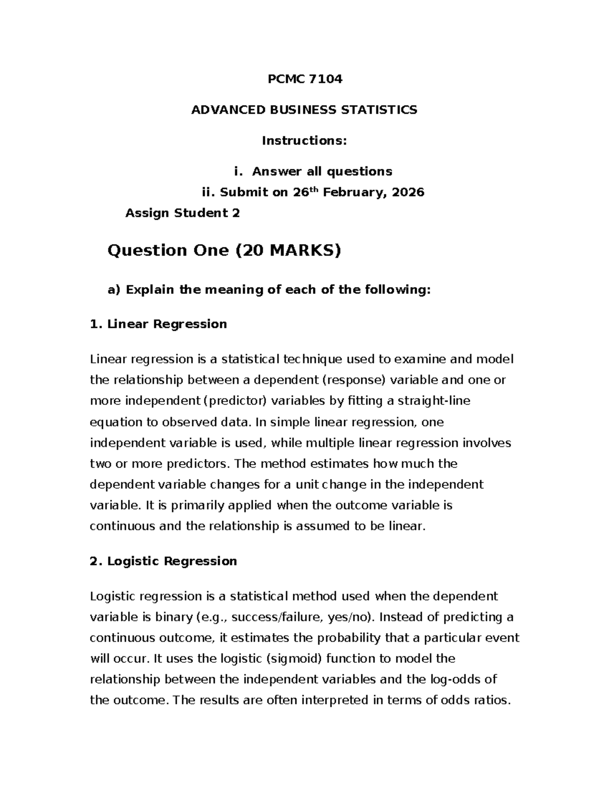 PCMC 7104 Advanced Business Statistics Assignment 2 Analysis - Studocu