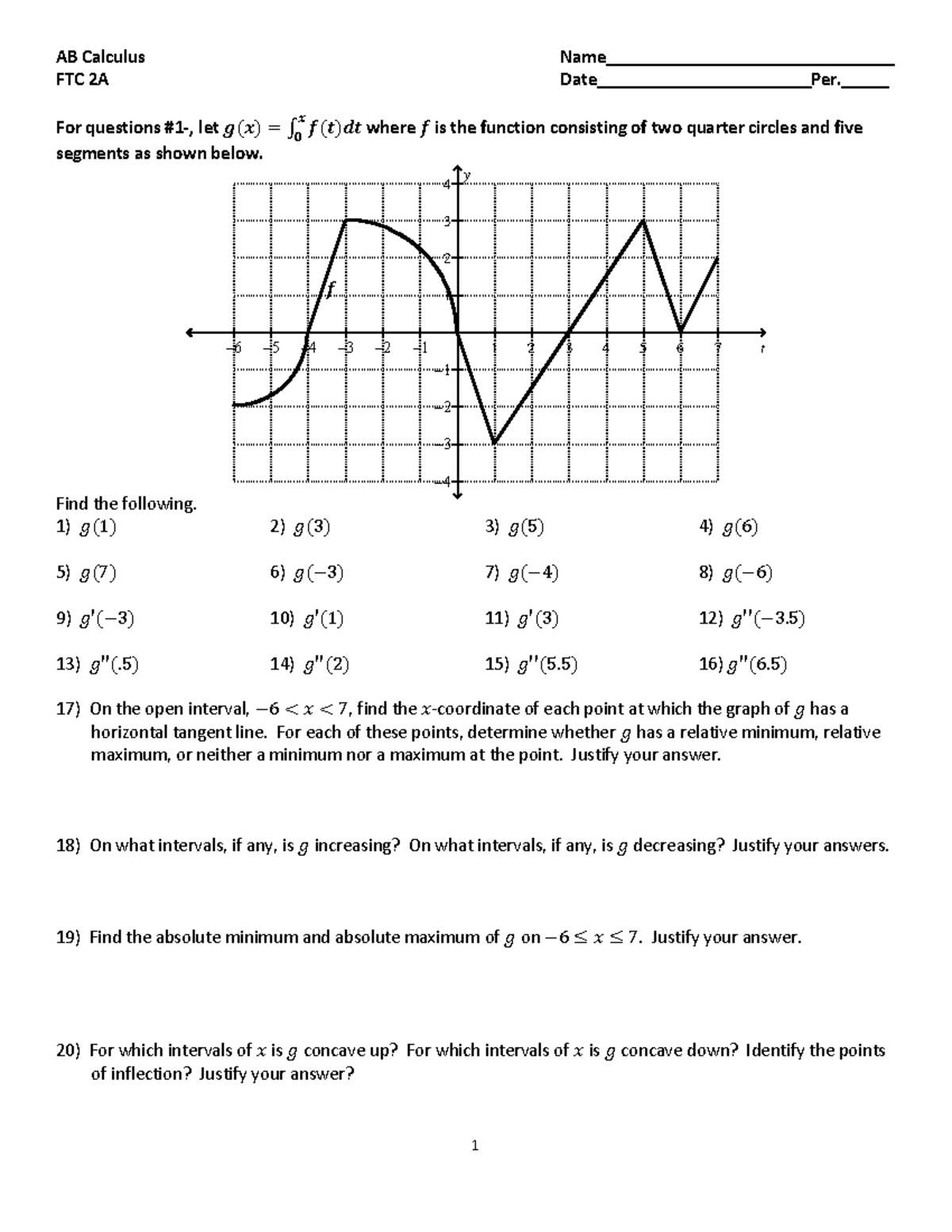 AB Calculus FTC 2A Second Worksheet on Function Analysis - Studocu