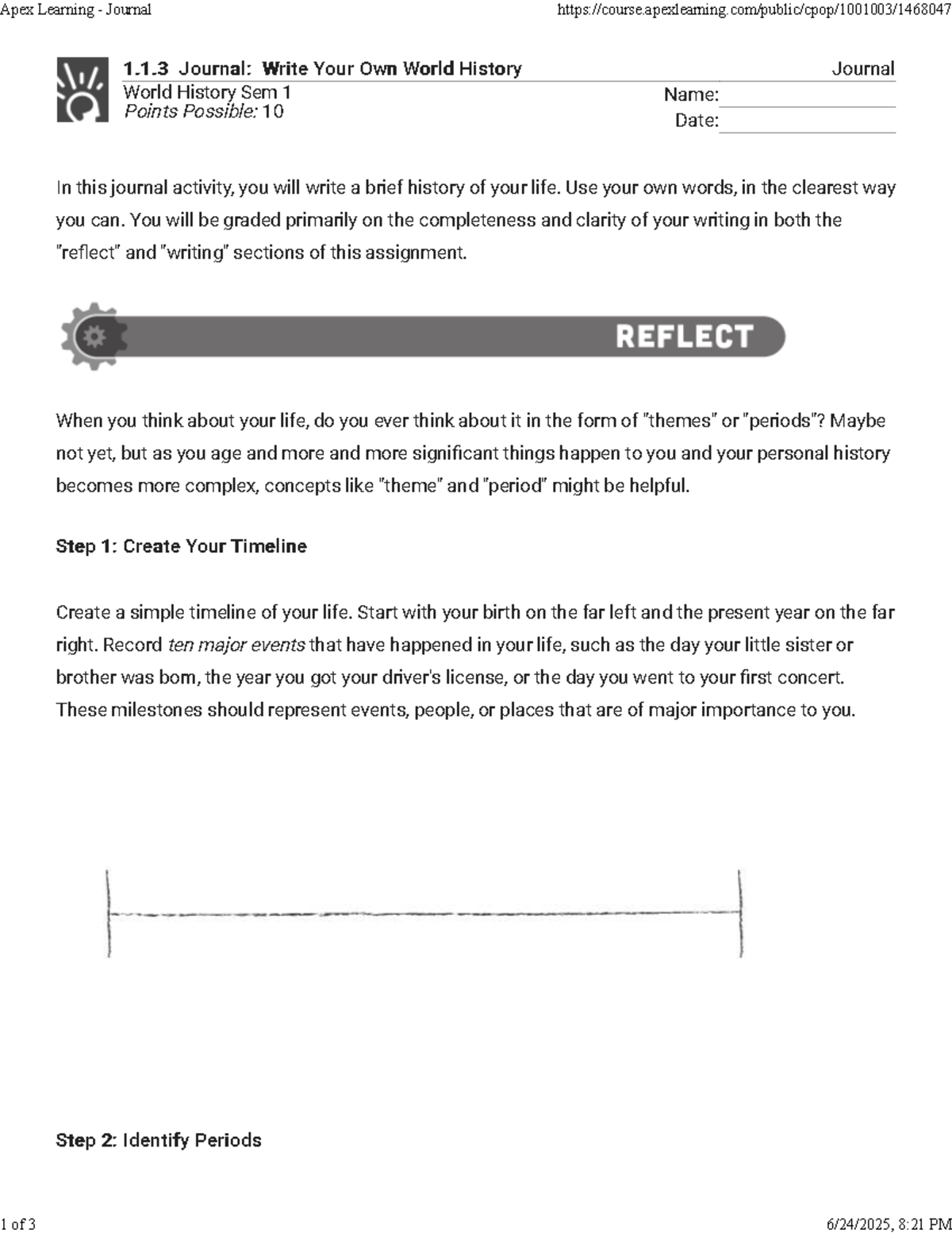 Apex Learning Journal 1.1.3: Writing Your Personal History - Studocu