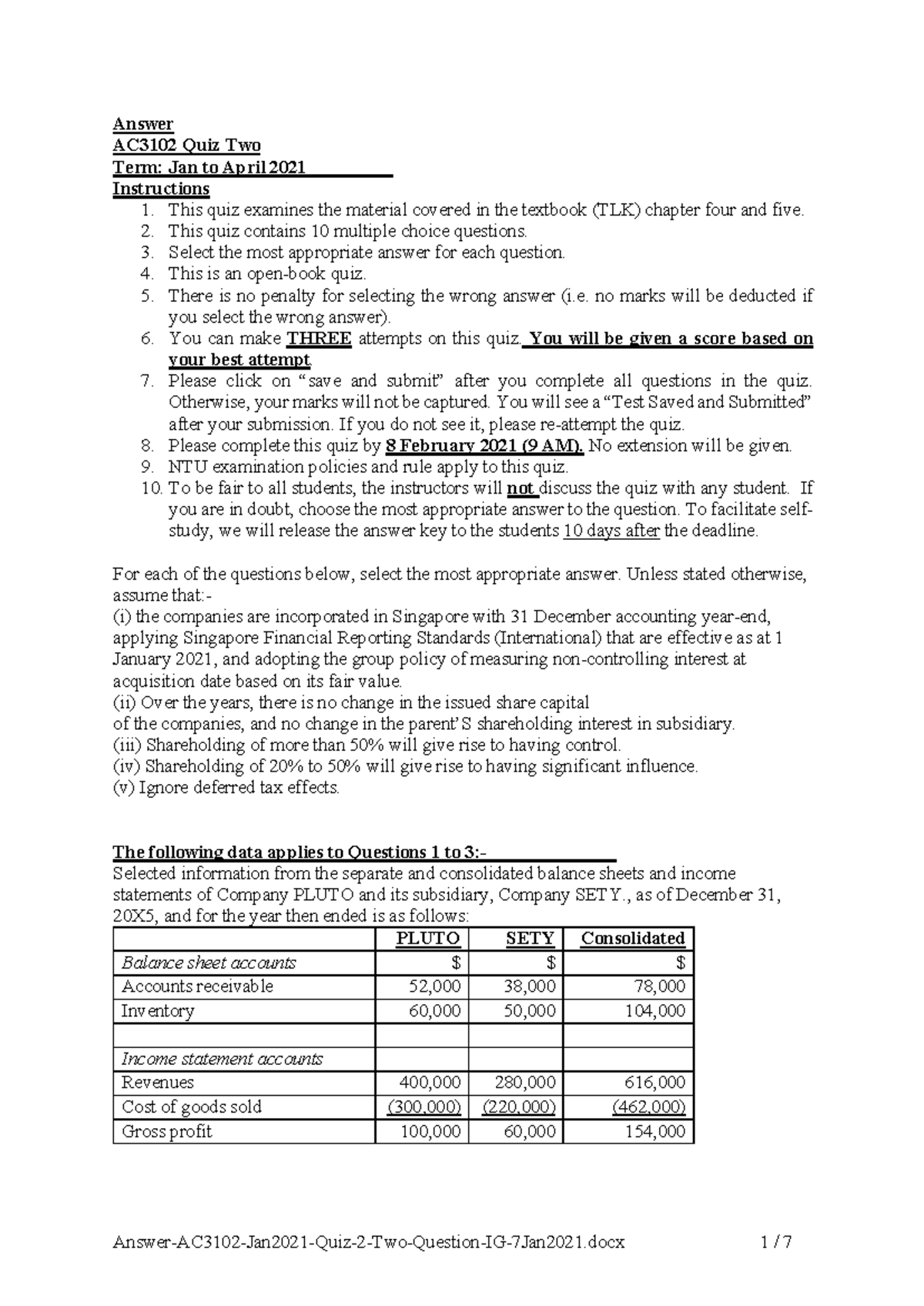 AC3102 Jan 2021 Quiz 2: Key Concepts & Questions - Studocu