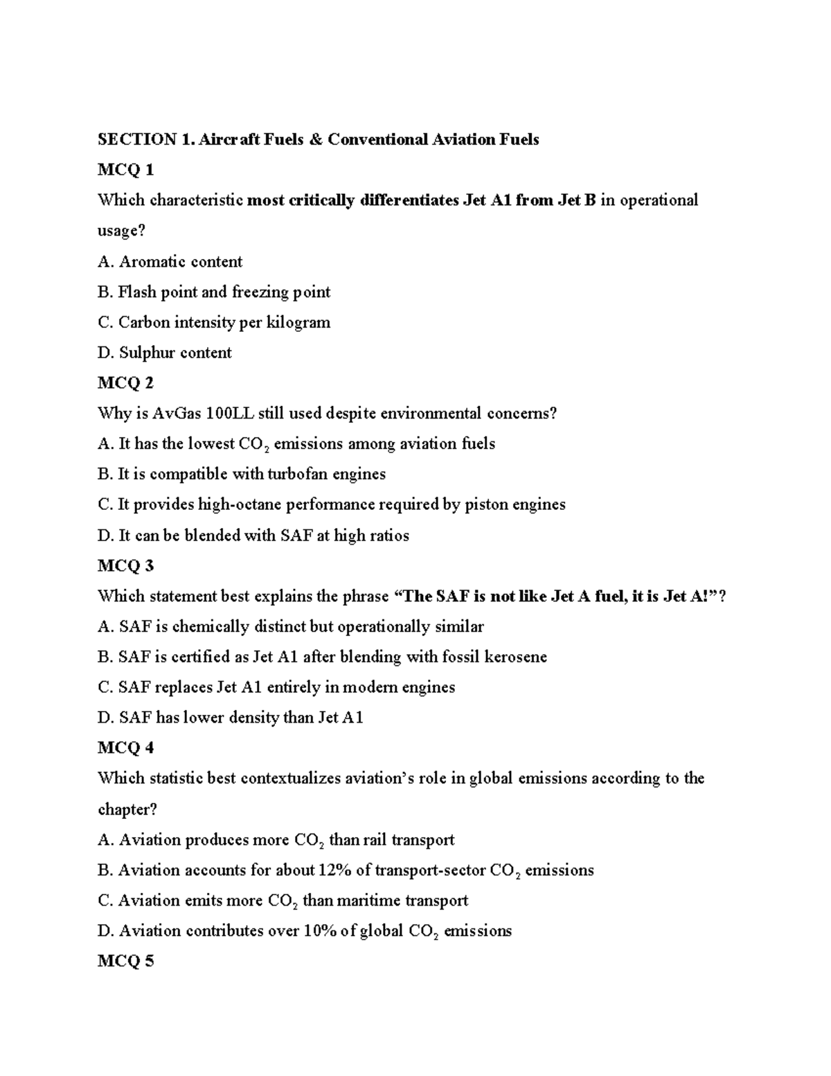 SAF Questions - MCQs on Sustainable Aviation Fuels (SAF) and CORSIA ...