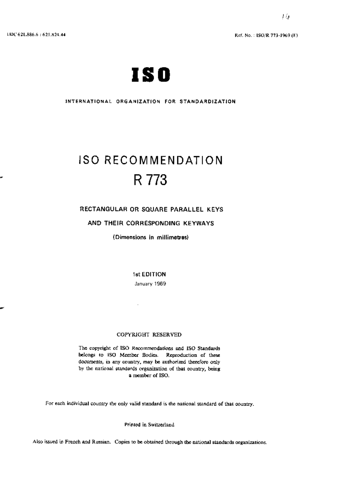 ISO Recommendation R 773: Rectangular/Square Parallel Keys (1969) - Studocu
