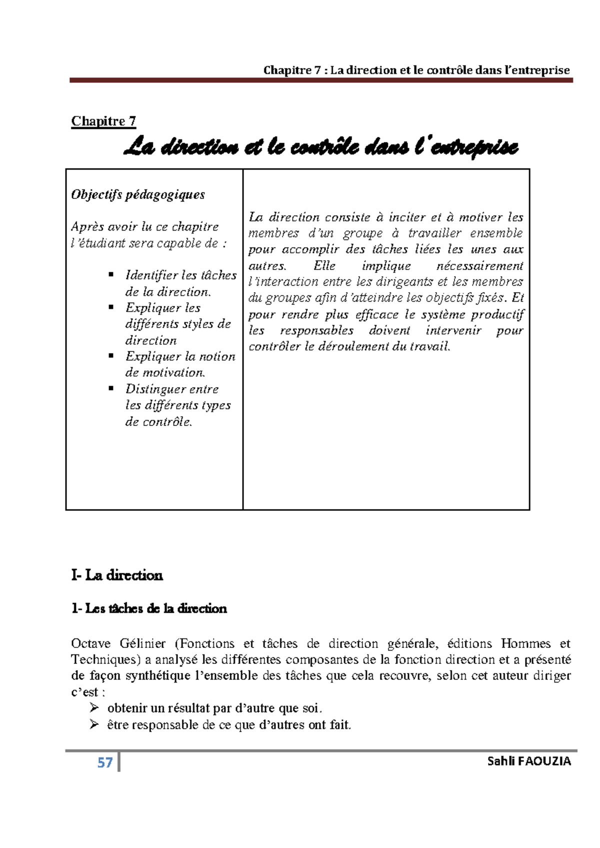Chapitre 7 : Direction et Contrôle dans l'Entreprise - Studocu