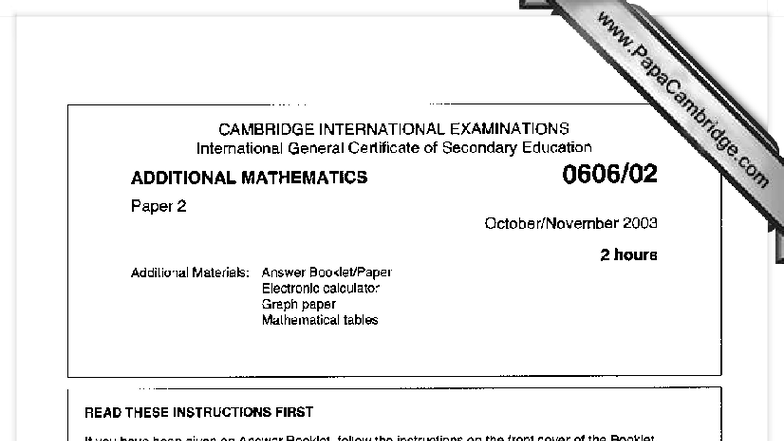 IGCSE Additional Mathematics Paper 2 (0606) - 2003 Exam Guide - Studocu