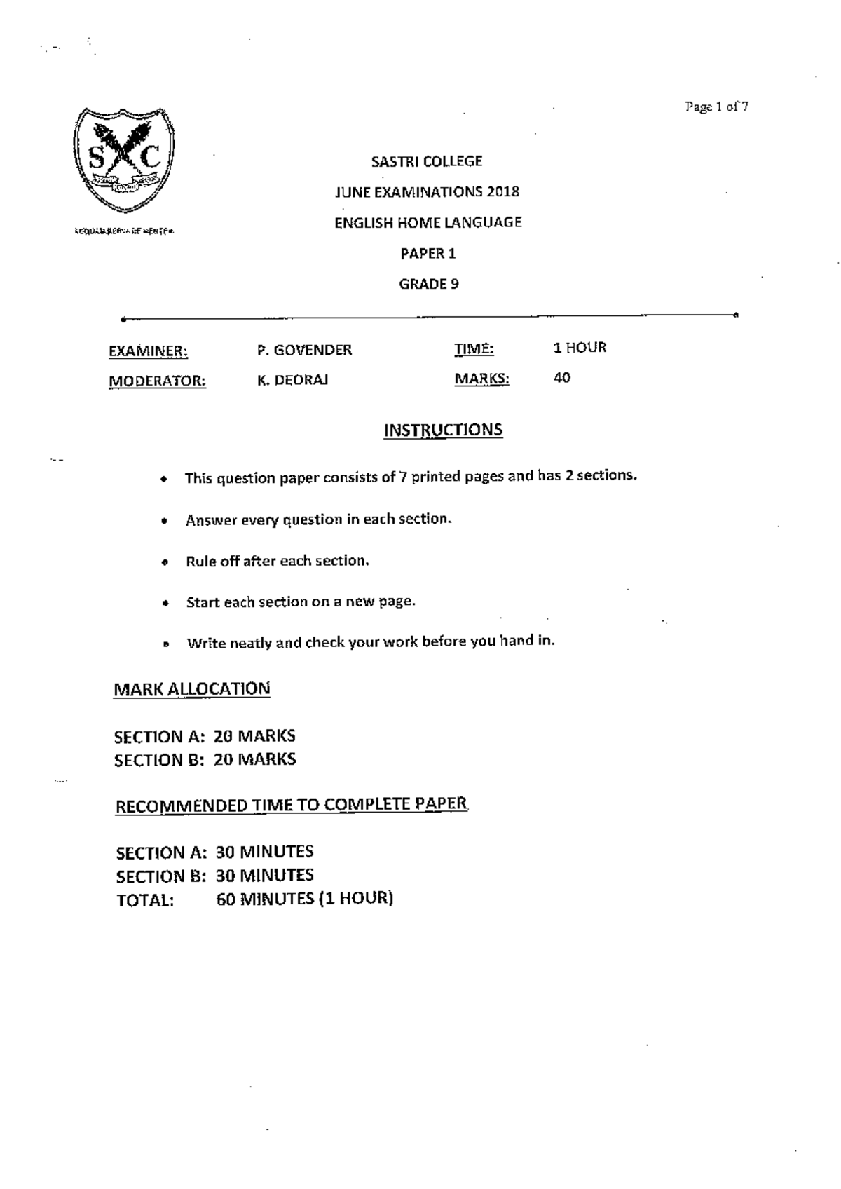 Grade 9 English Home Language Paper 1 - June Exam 2018 - Studocu