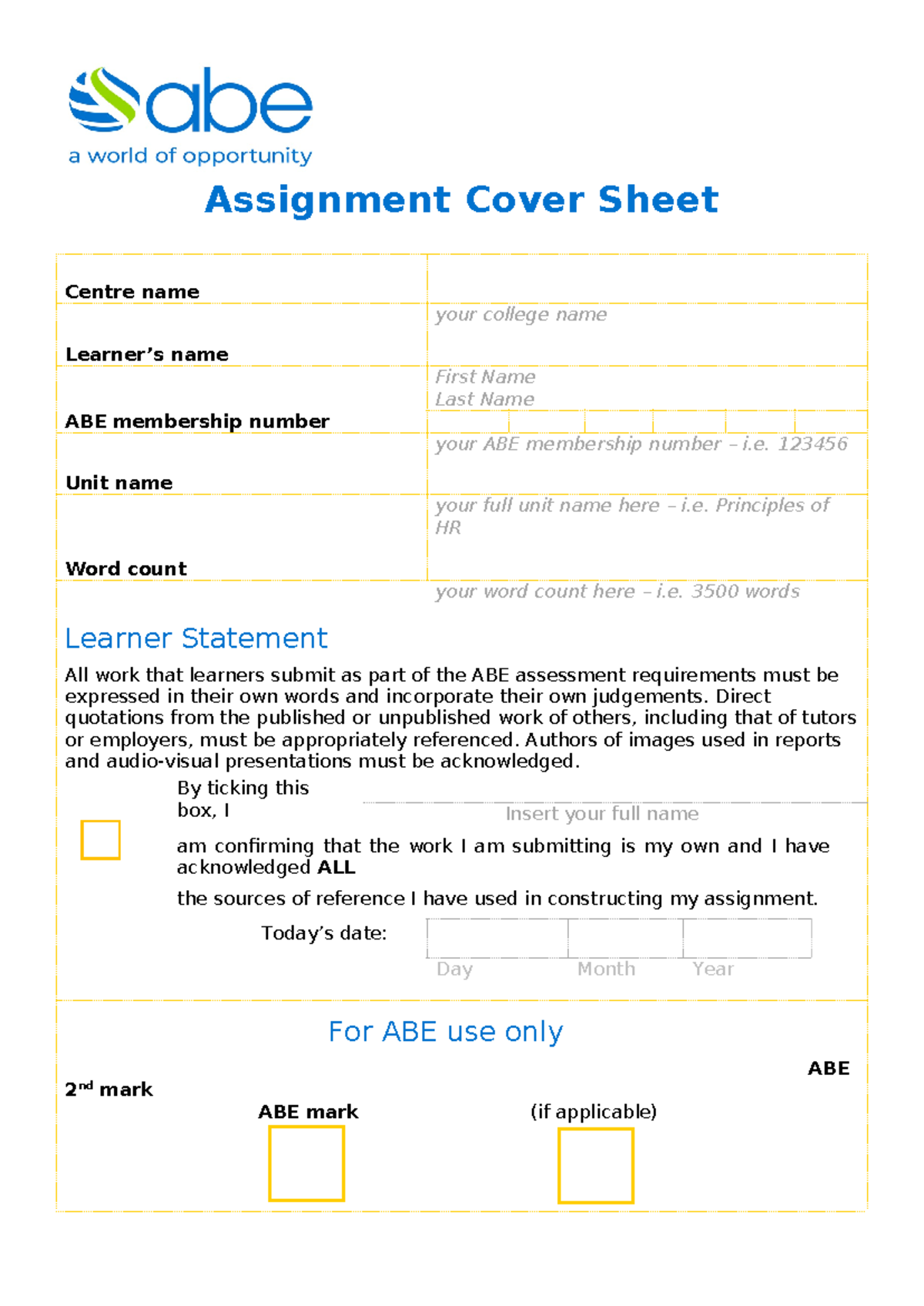 Cover Page for ABE Employability & Self Dev Unit Submission - Studocu
