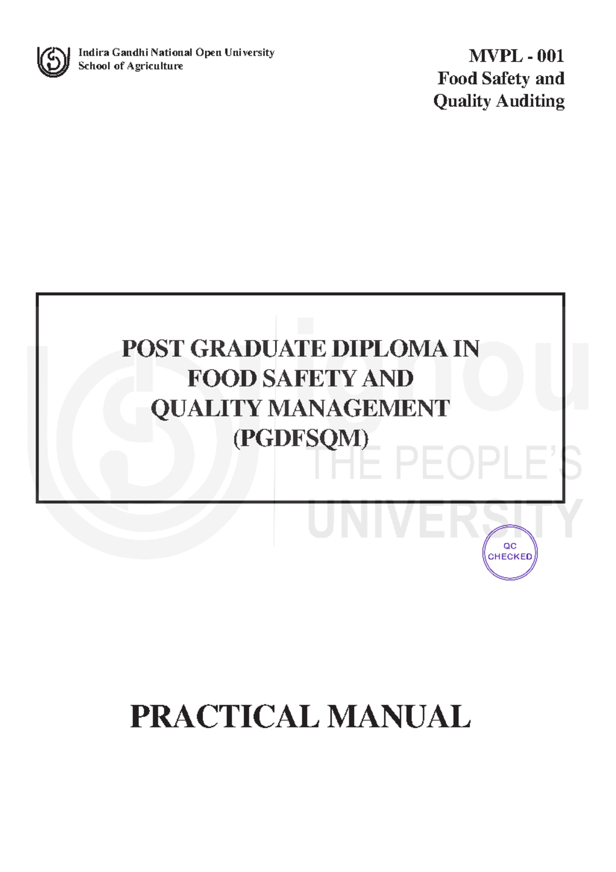 MVPL 001 Food Safety & Quality Auditing: Practical Manual for PGDFSQM ...