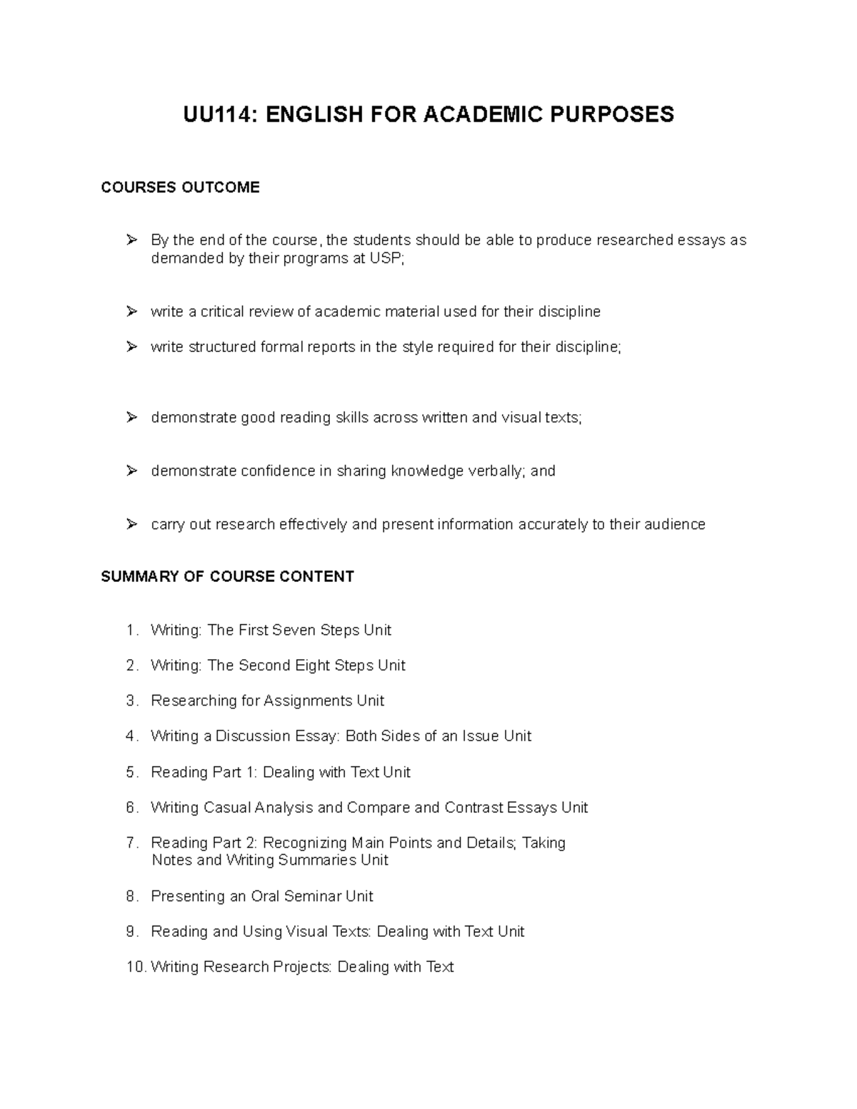 UU114 - Course Outline for English for Academic Purposes - Studocu
