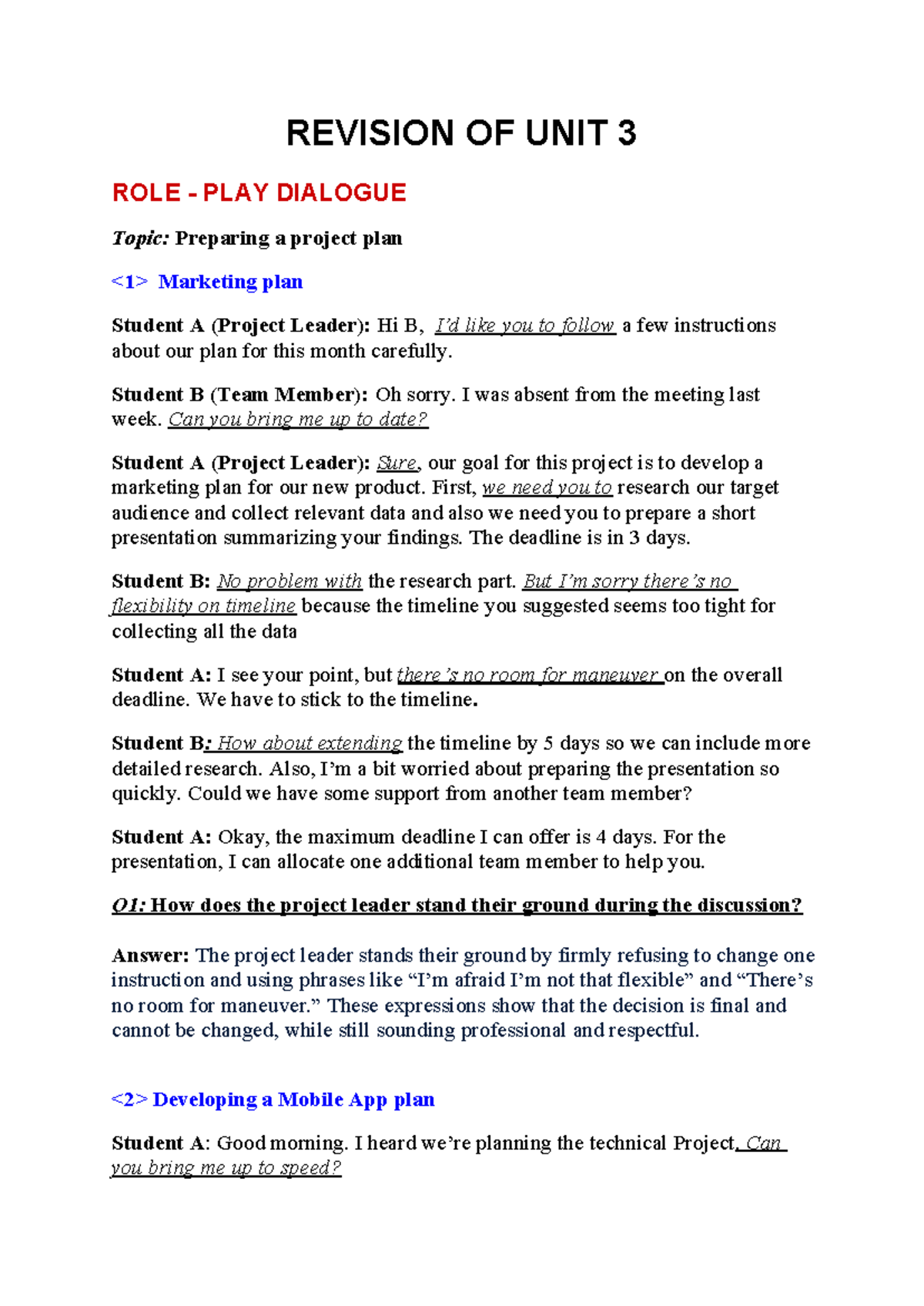 UNIT 3 - Role Play Dialogue Review and Project Planning - Studocu