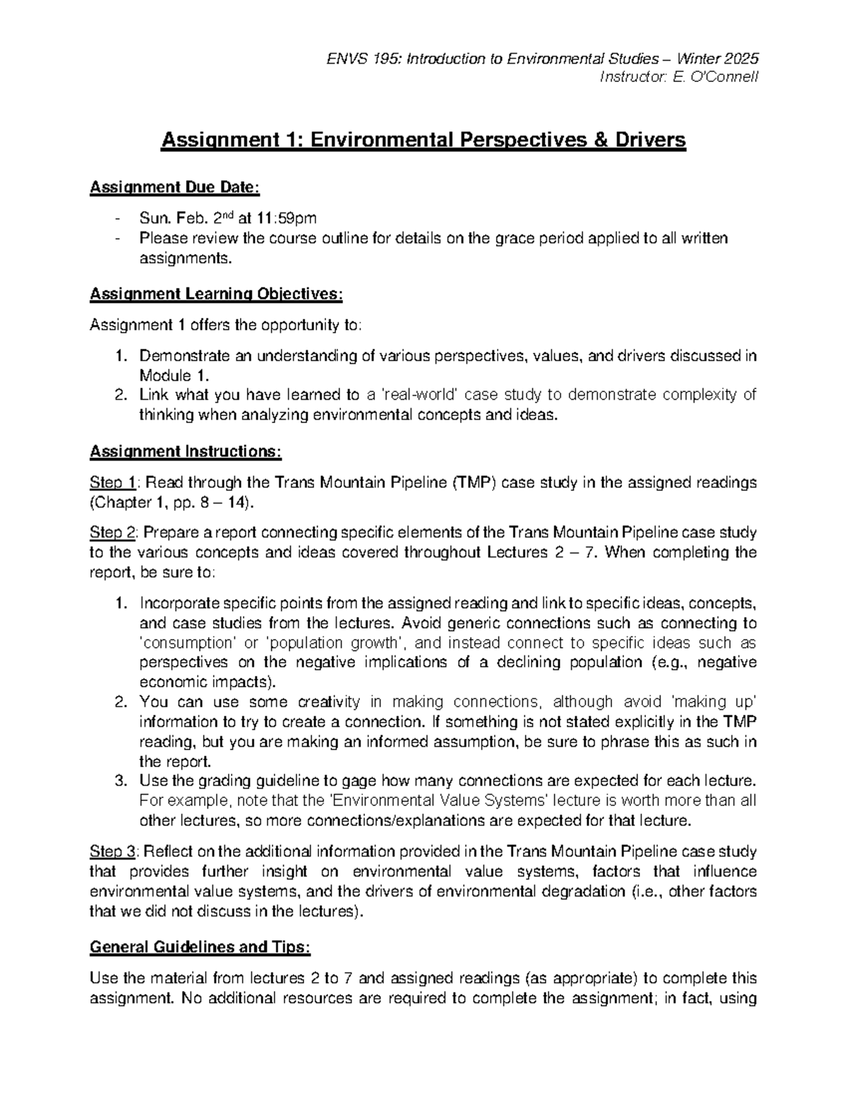 Assignment 1 - Environmental Perspectives - Instructor: E. O’Connell ...