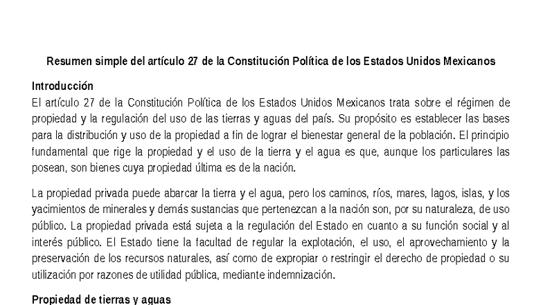 Resumen del Artículo 27 de la Constitución Política de México - Studocu