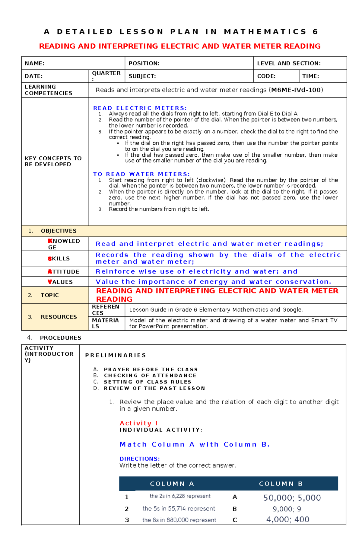 684557970 Math 6 Final Lesson Plan: Electric & Water Meter Readings ...