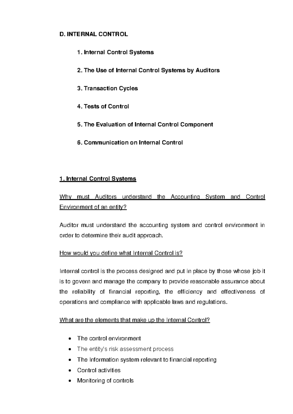 Business Law - Internal Control Systems Overview and Practices - Studocu