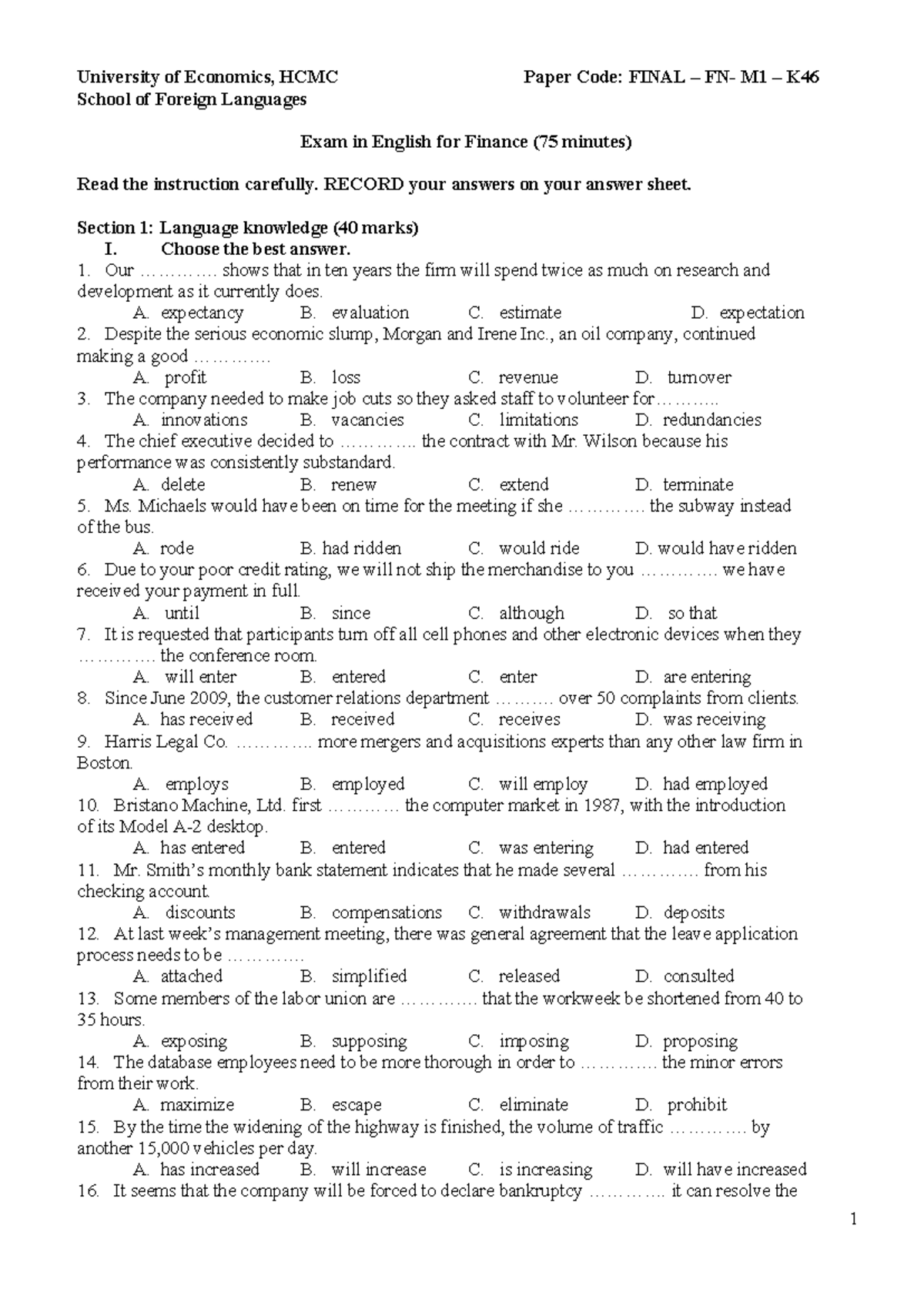 Midterm Test Paper - FINAL - FN-M1 English for Finance Exam - Studocu