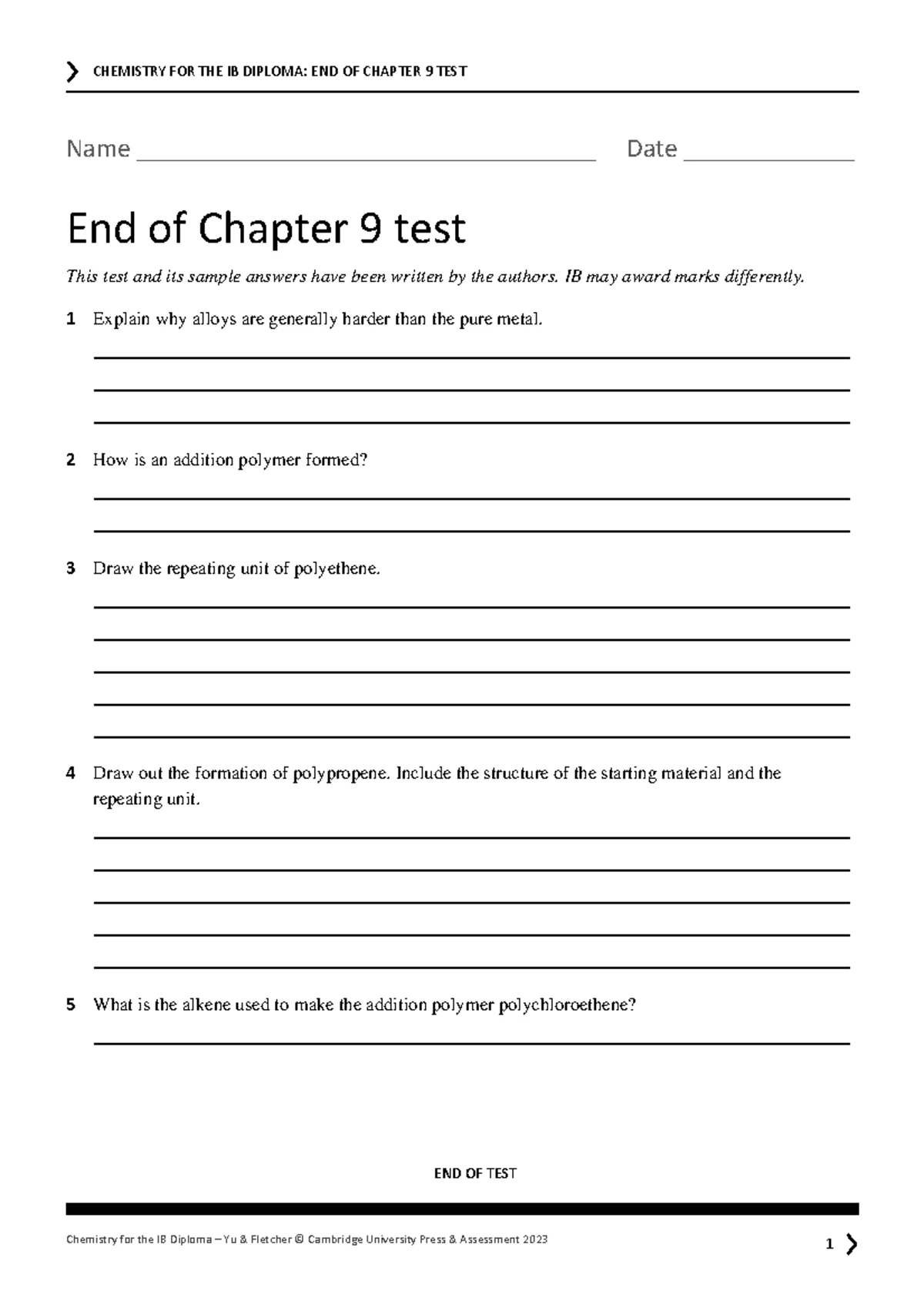 IB Diploma Chemistry: End of Chapter 1 Test - Cambridge 2023 - Studocu