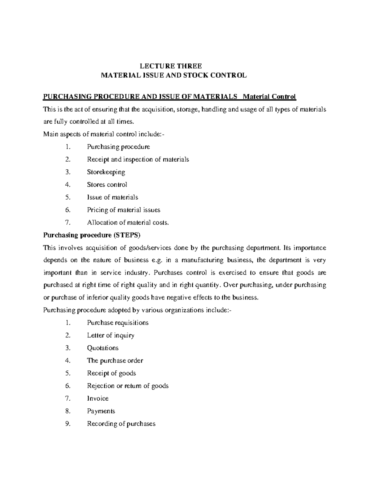 MATERIAL ISSUES & STOCK CONTROL LECTURE NOTES (MGT 302) - Studocu