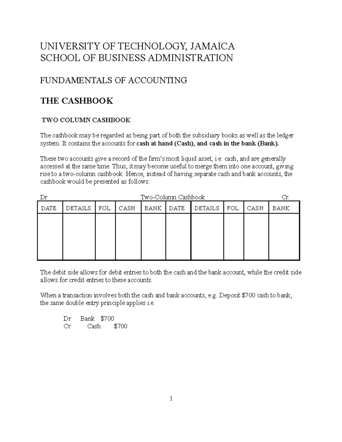 Fundamentals of Accounting (ACCT101) - Lecture Notes on Cashbook - Studocu