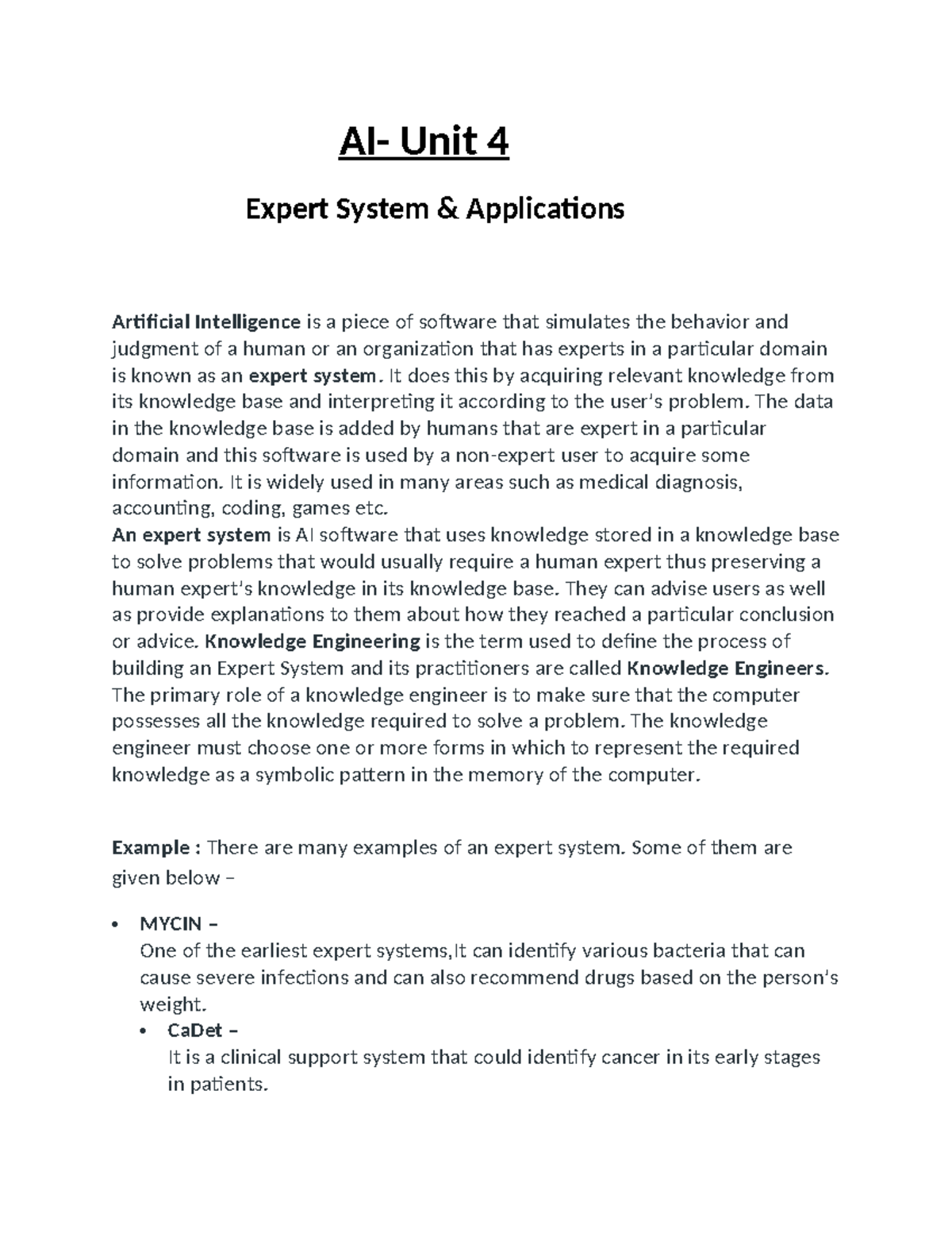 AI - Unit 4 - Expert Systems & Applications Overview - Studocu