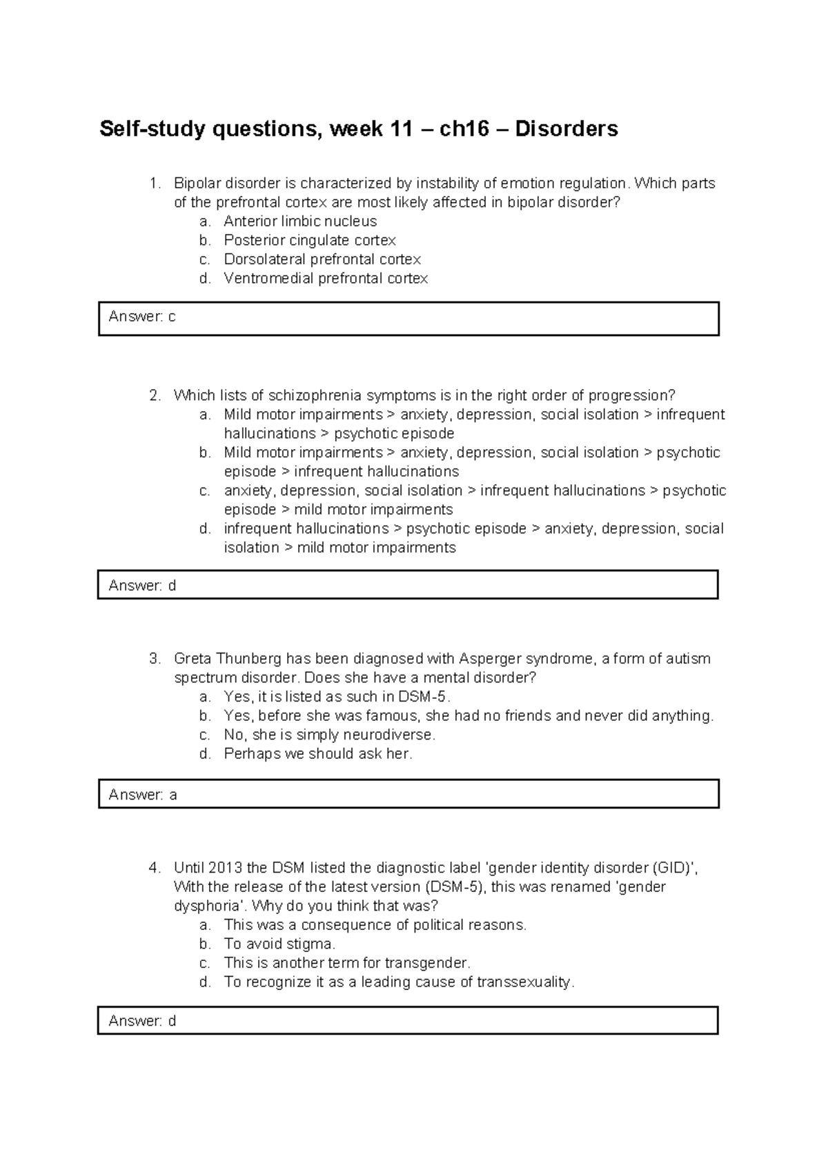 SSQ Week 11 - Chapter 16: Disorders Overview and Questions - Studeersnel