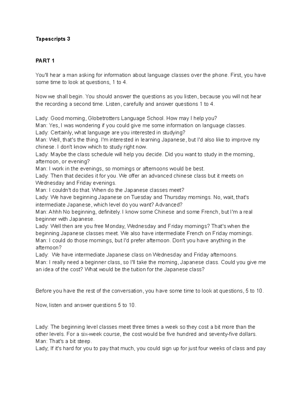 Tapescript 3: Language Classes and Student Conversations - Studocu