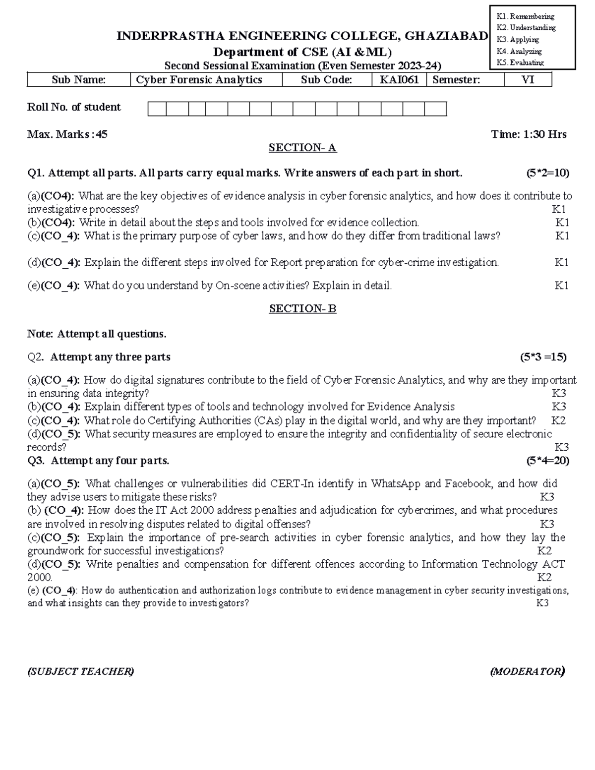 Second Sessional QP format 2023-24 - INDERPRASTHA ENGINEERING COLLEGE ...