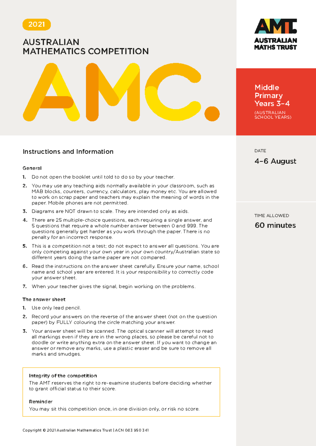 2021 AMC Middle Primary Competition Instructions and Questions - Studocu