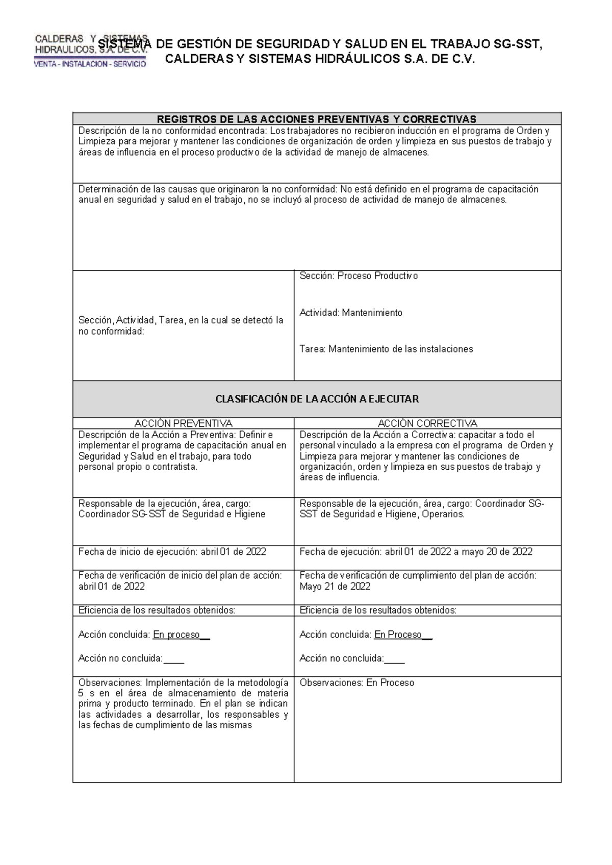 Registros de Acciones Preventivas y Correctivas en SGSST - Studocu