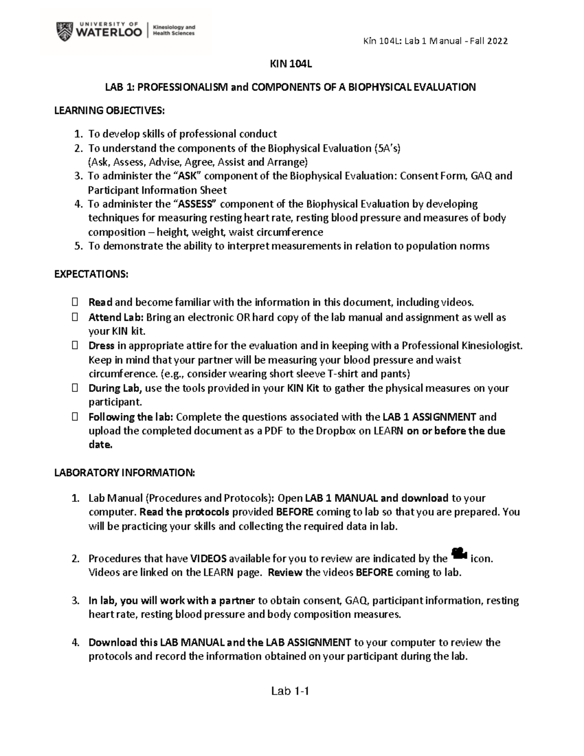 Lab 1 Manual: Professionalism & Biophysical Evaluation in KIN 104L F'22 ...
