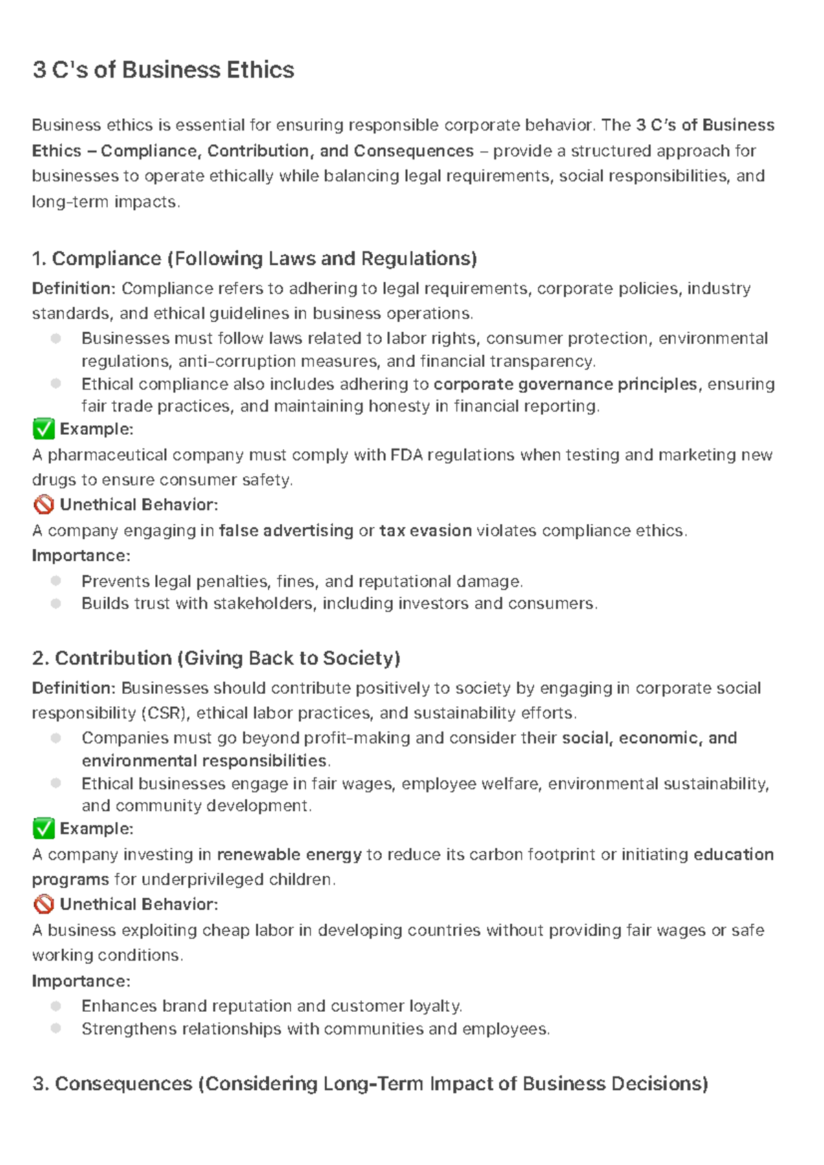 3 C's of Business Ethics: Compliance, Contribution, Consequences - Studocu