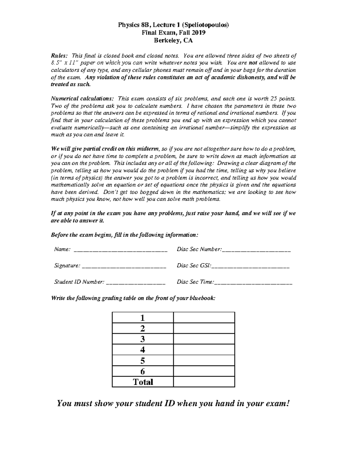 Physics 8B, Final Exam Guidelines and Problem Overview, Fall 2019 - Studocu
