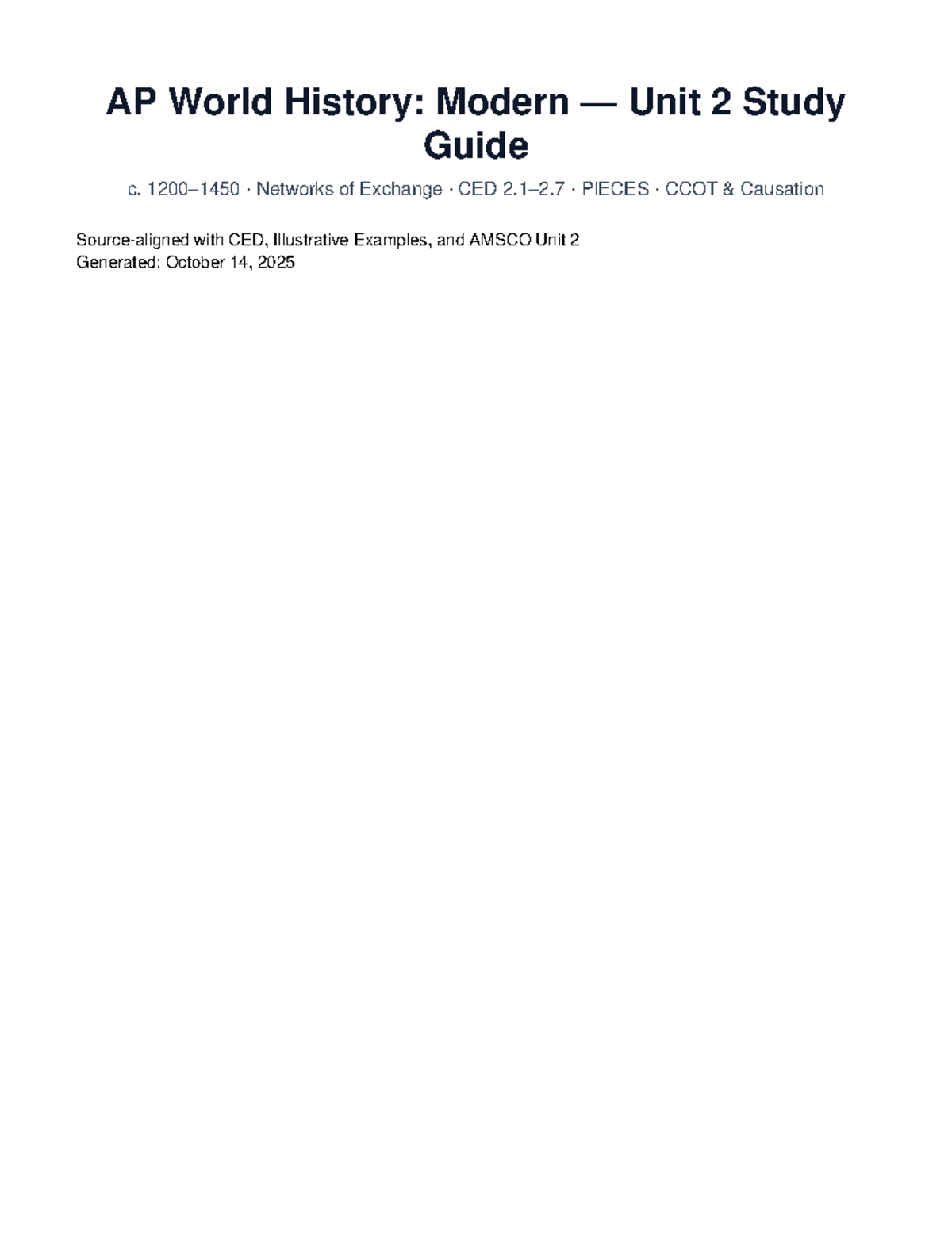 APWH Unit 2 Study Guide: Networks of Exchange and Key Themes - Studocu