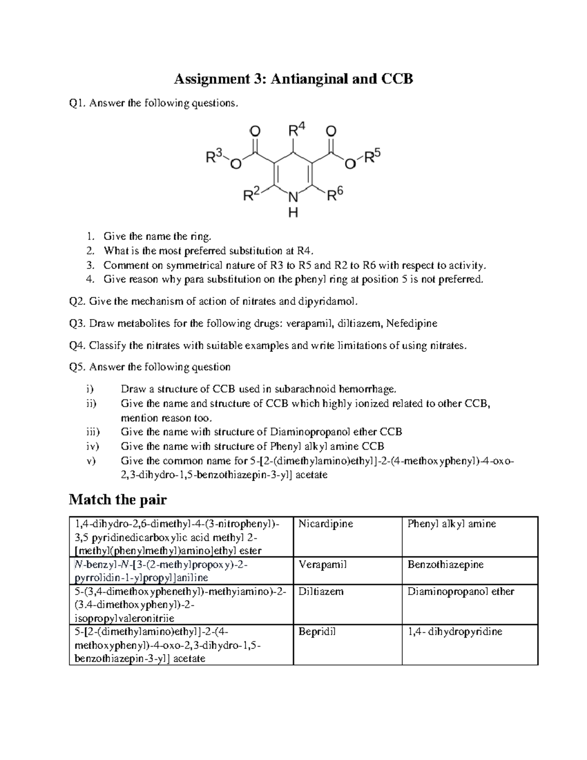 Assignment 3: Antianginal CCB Mechanisms & Structures - Studocu