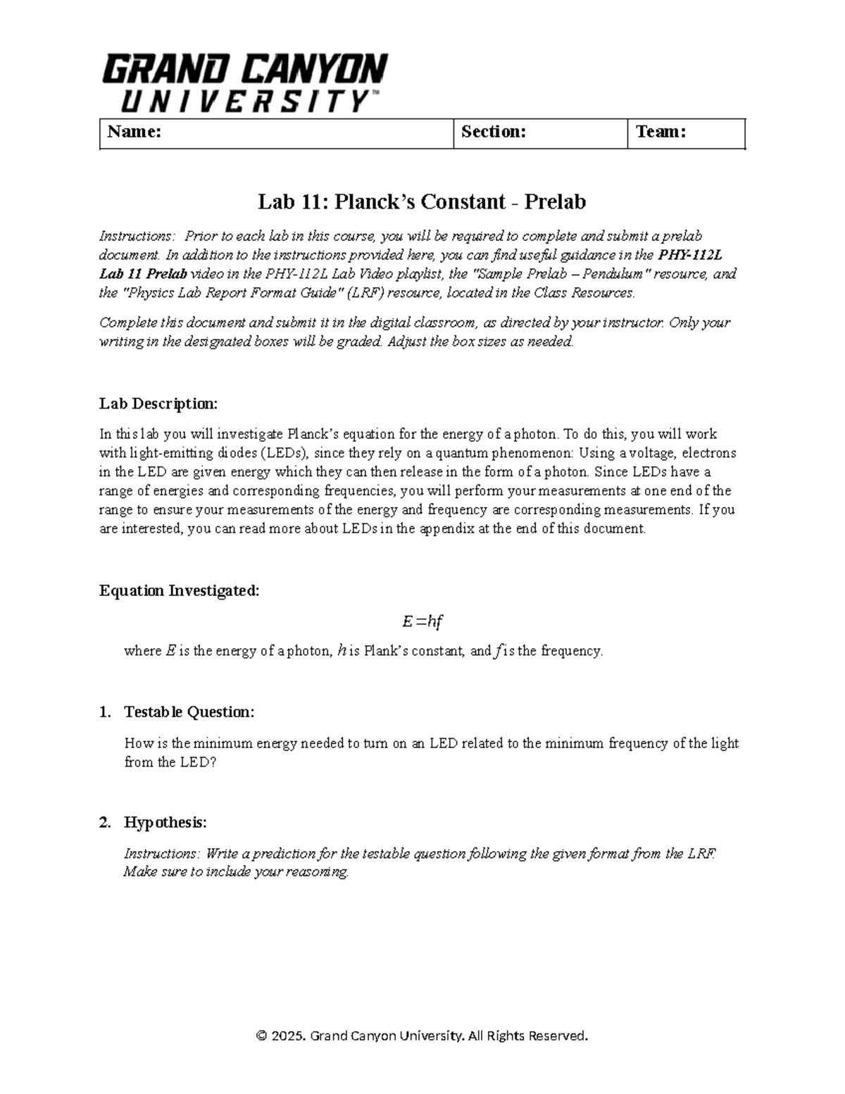 PHY112L RS T6 Lab 11: Prelab on Photon Energy & LEDs - Studocu