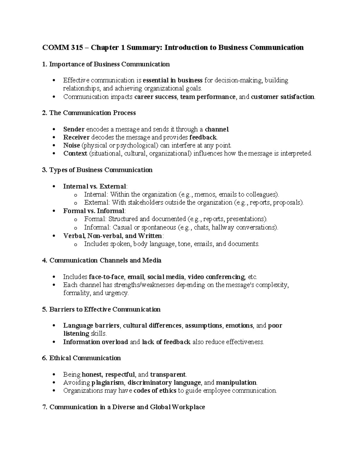 COMM 315 Chapter 1 Summary: Key Concepts in Business Communication ...