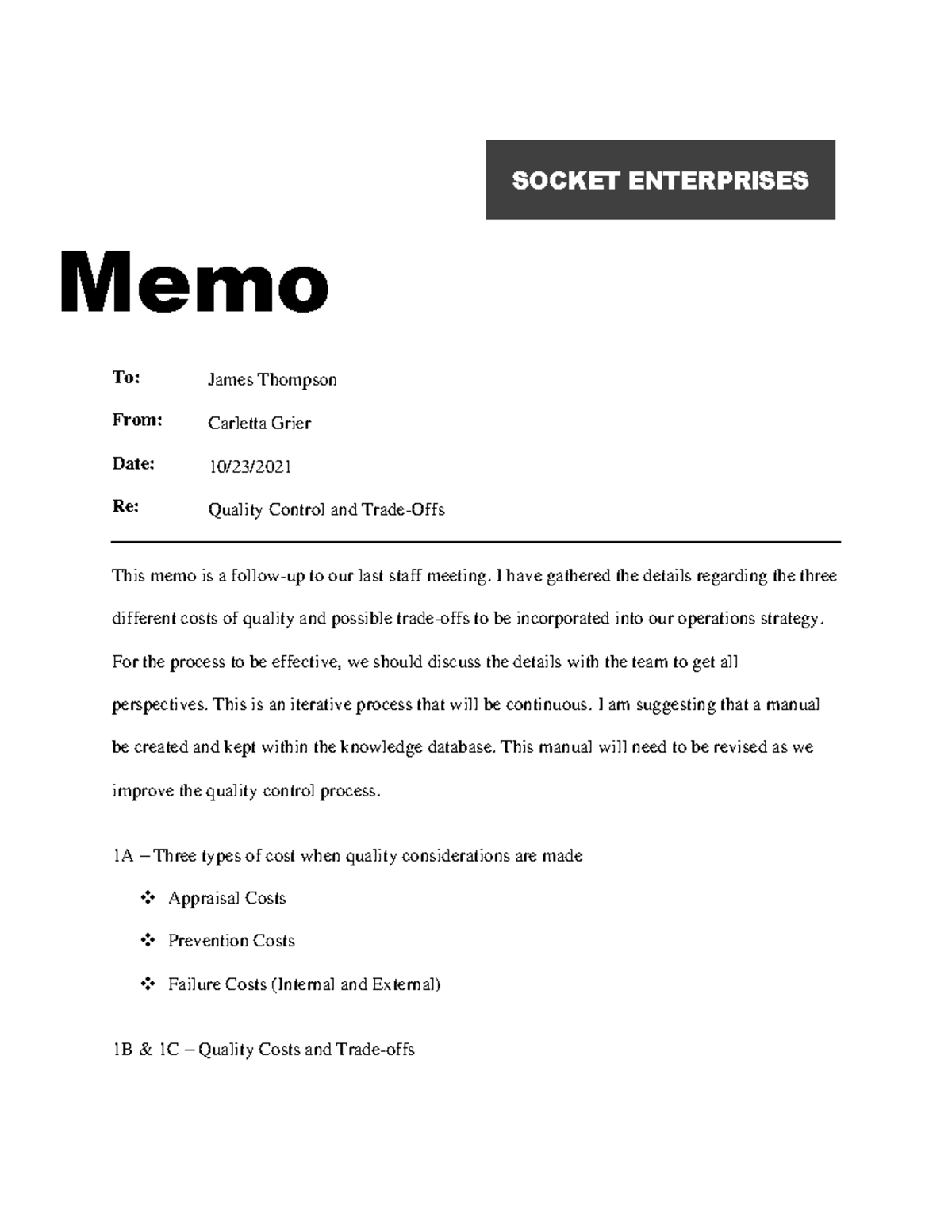 QHT1 Task 1 Memo - Quality Control Cost Analysis and Trade-Offs - Studocu