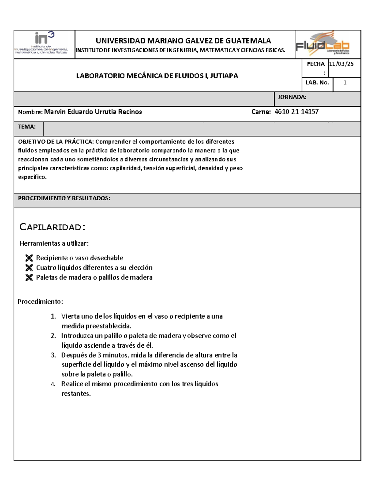 Laboratorio de Mecánica de Fluidos I - Práctica 1 (4610-21) - Document Preview